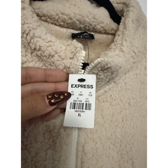 Express Sherpa Teddy Zip Jacket Beige Faux Fur Fleece Coat XL NWT Minimalist - Picture 6 of 6